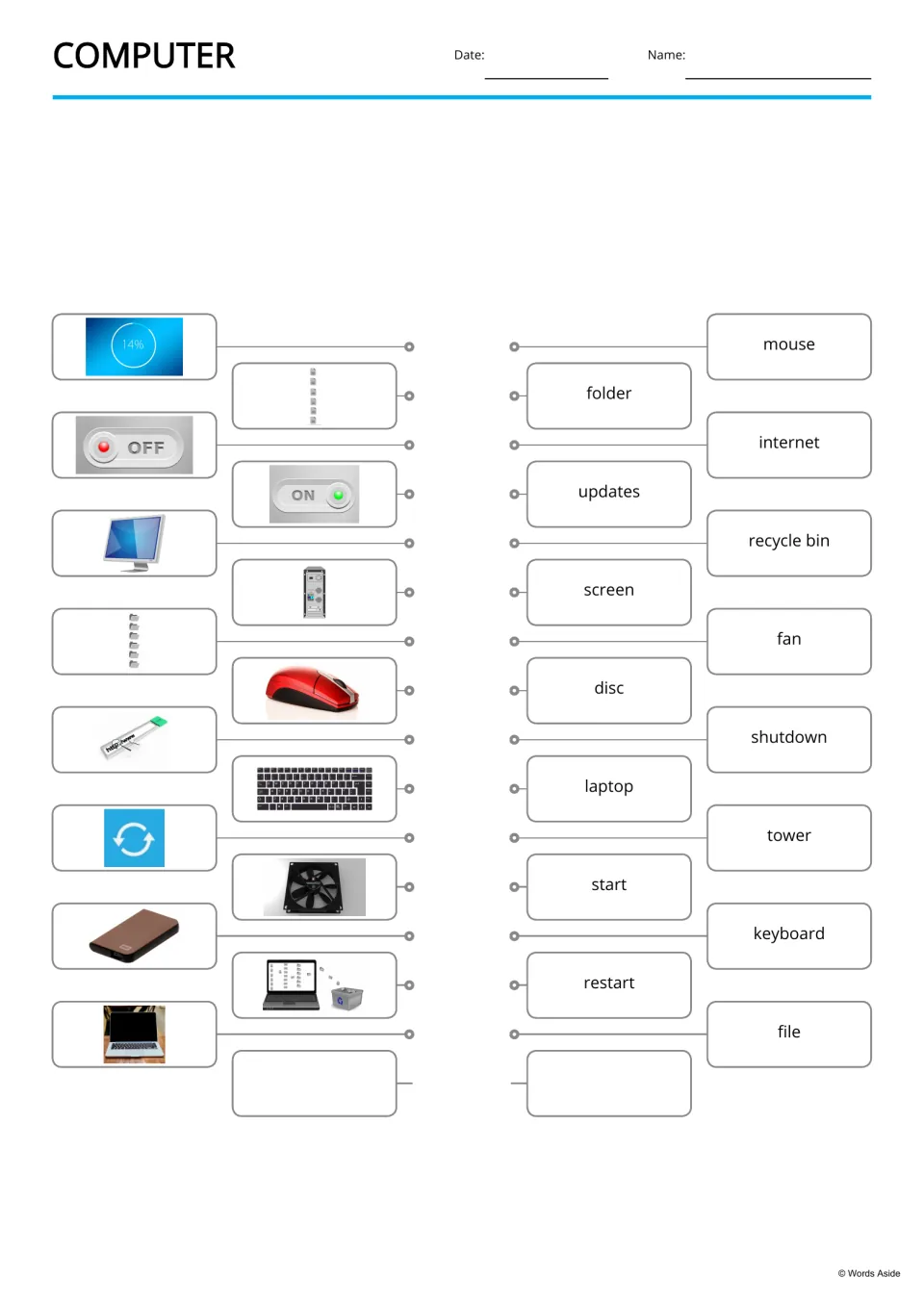 Computer picture-to-word matching: students link images of a monitor, mouse, tower and fan to their words
