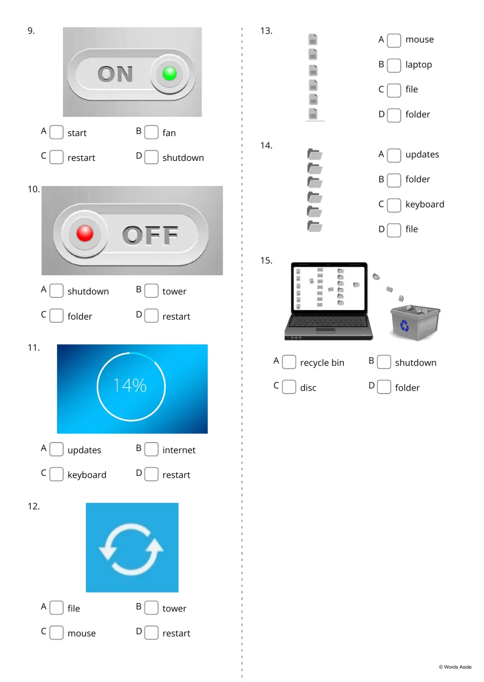 Computer icon quiz, items 9-15: students tick the word for each icon, such as ON/OFF switches and a recycle bin