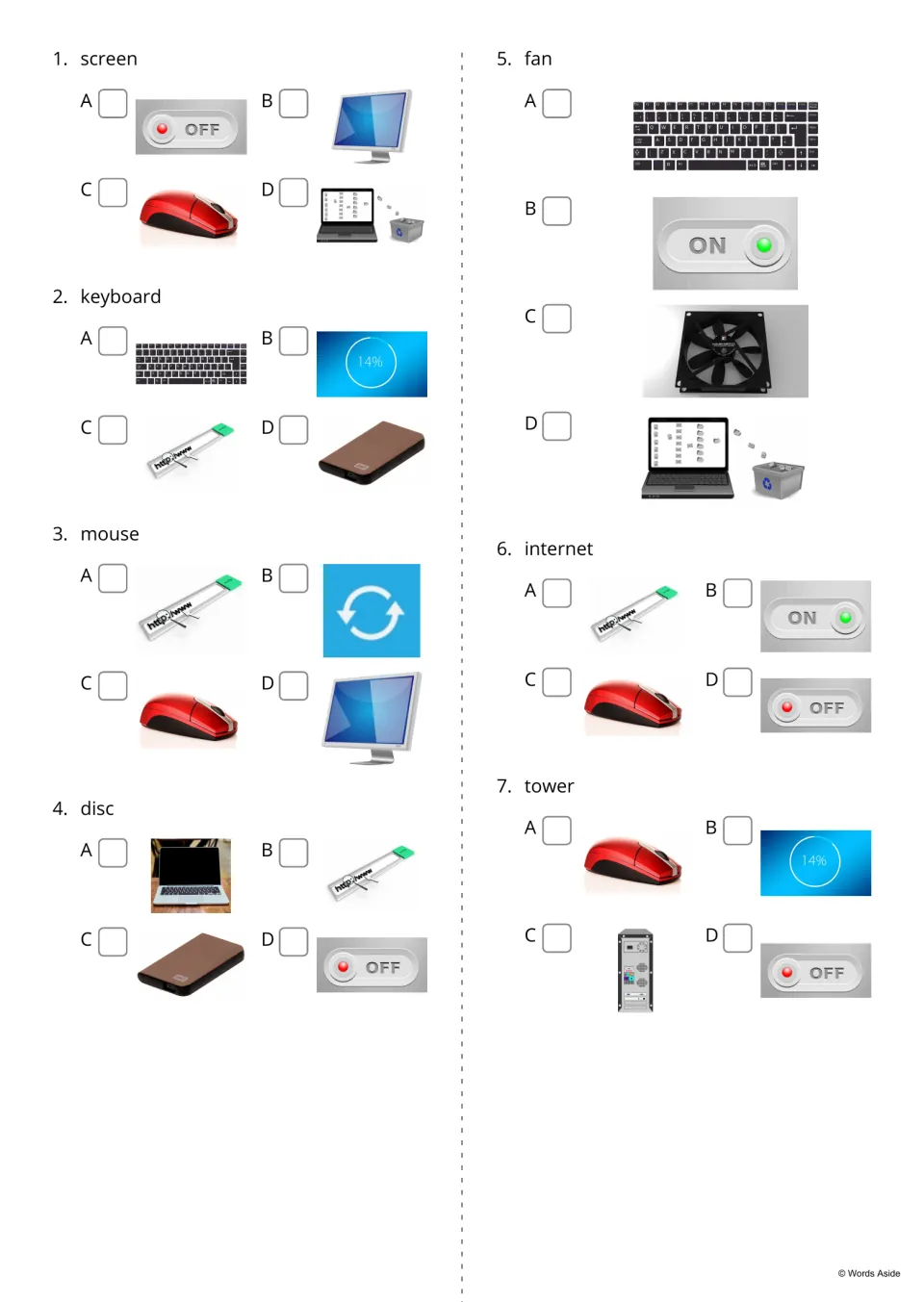 Computer word-to-picture quiz, items 1-7: for words like screen, keyboard, fan and tower, students tick the right image