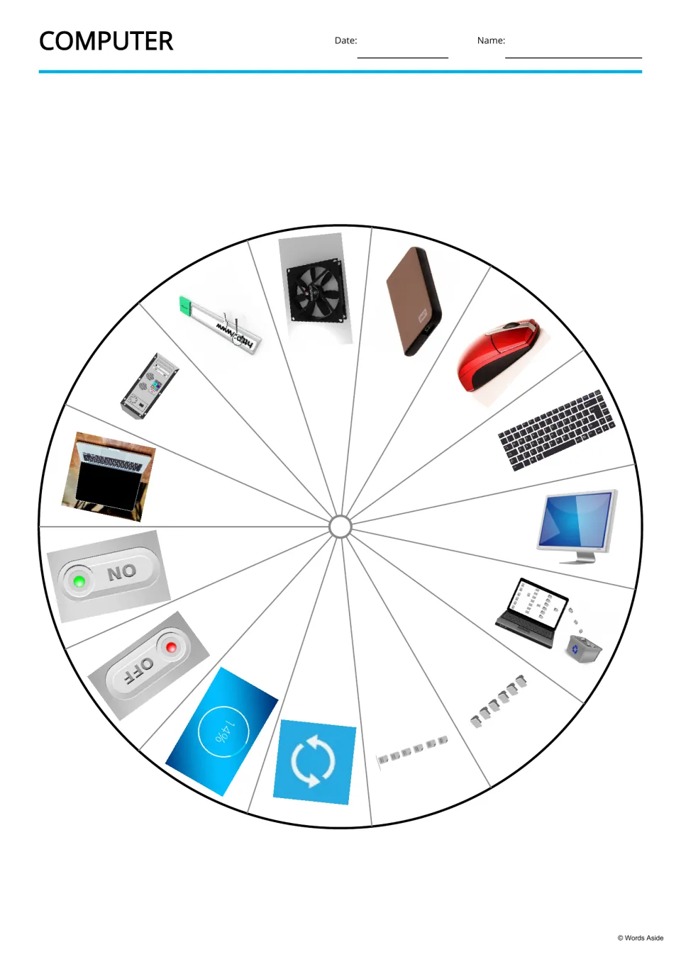 Computer picture wheel: 15 images including a fan, mouse, keyboard, monitor, laptop, tower and computer icons