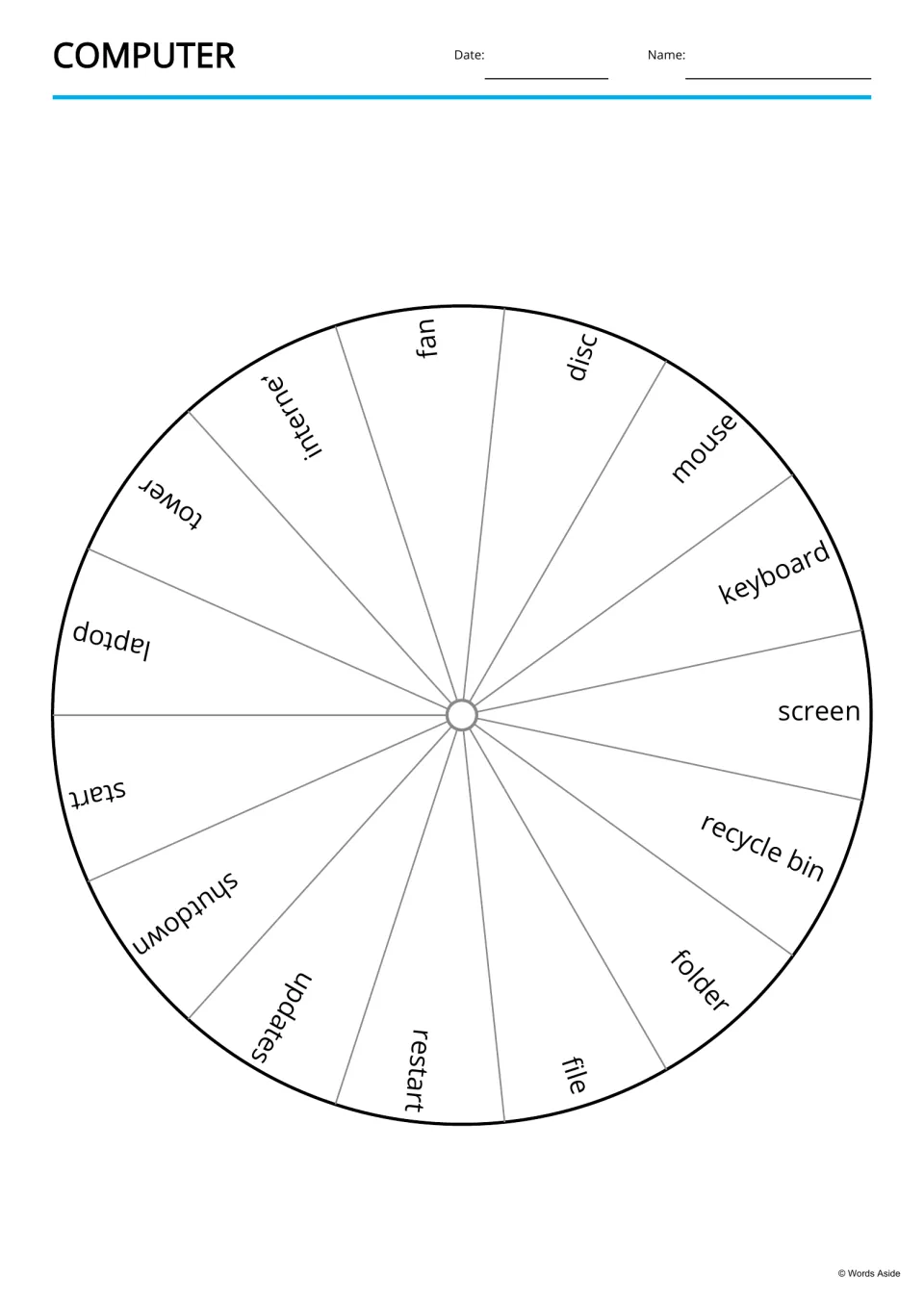 Computer word wheel: 15 terms such as fan, disc, mouse, keyboard, screen, folder and restart around the edge of a circle