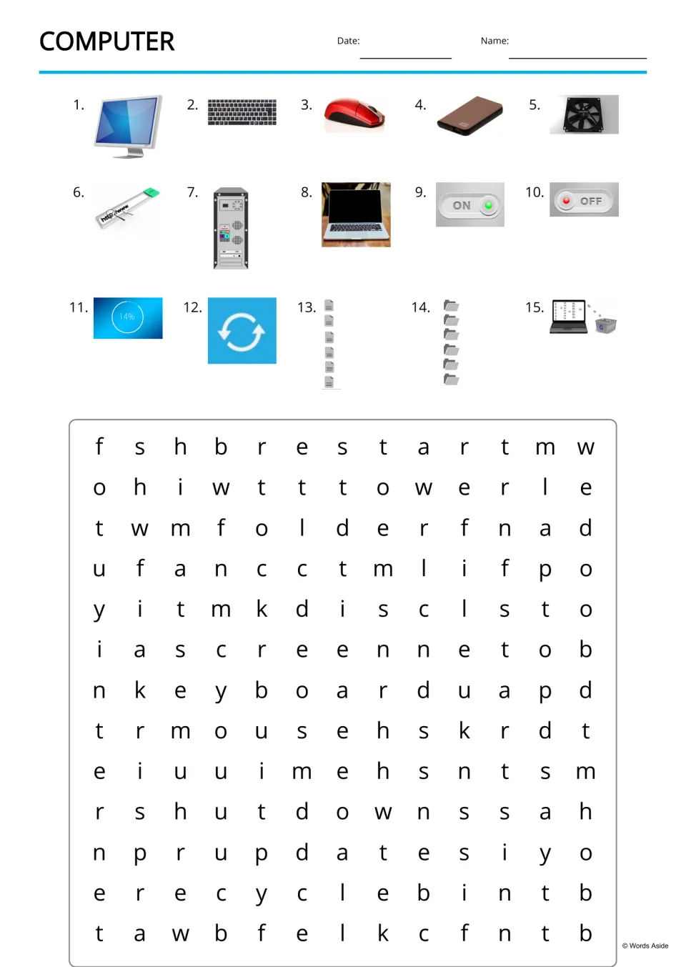 Computer word search: students identify 15 numbered pictures, then find the words, such as restart, tower and keyboard