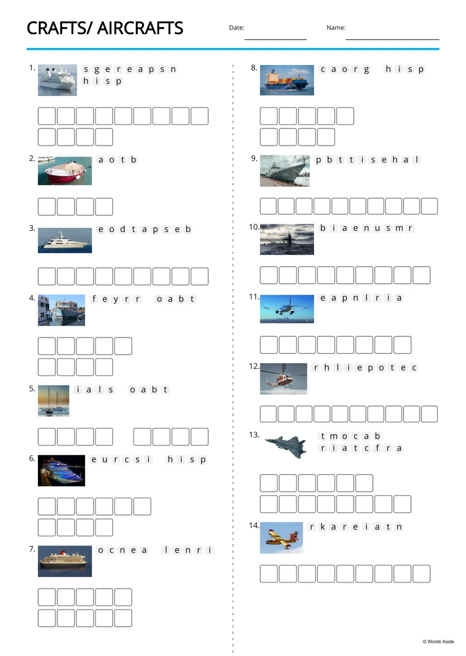 Crafts and aircrafts anagrams: students unscramble 14 vehicle names such as cargo ship and helicopter using photo clues