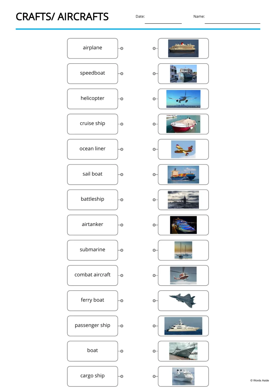 Vehicle word-to-picture matching: students connect 14 names like airplane and ferry boat to photos of each craft