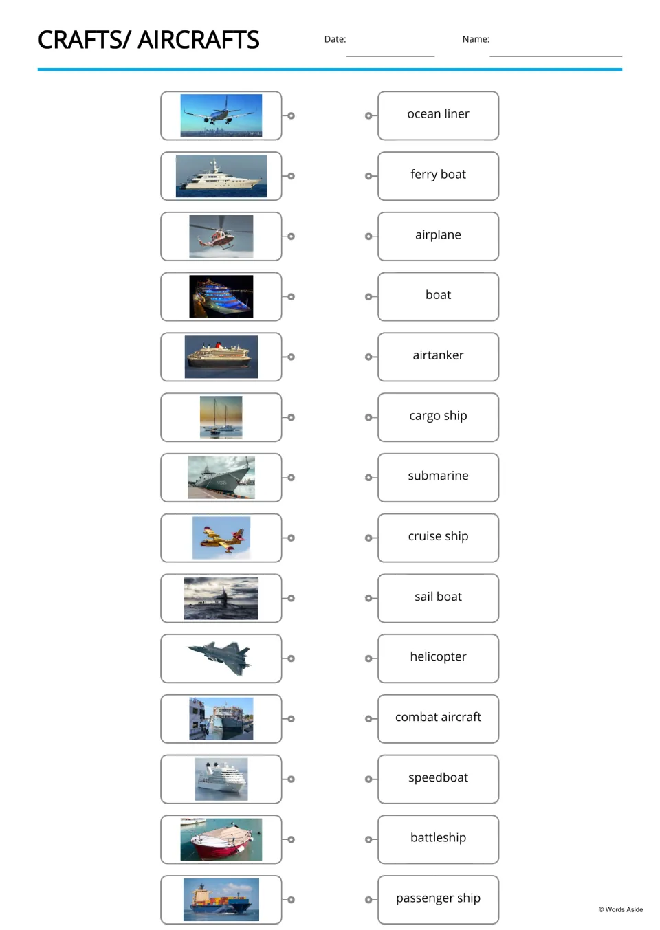 Picture-to-word matching: students join 14 photos, such as a submarine and a fighter jet, to names like ocean liner