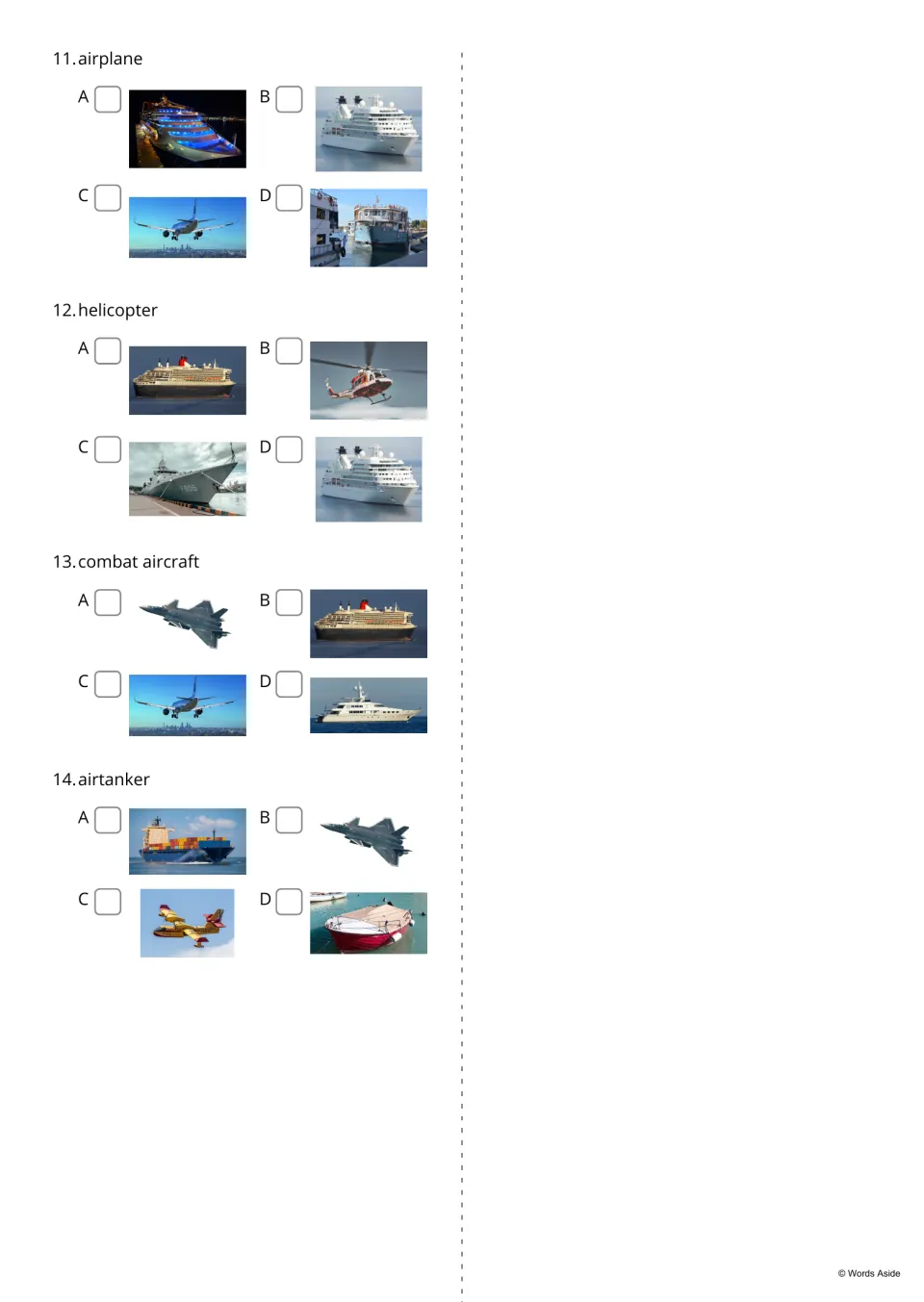 Word-to-photo choice, items 11-14: students tick the photo showing an airplane, helicopter, combat aircraft and airtanker