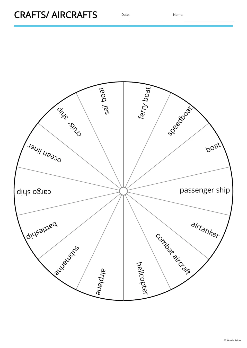 Vehicle word wheel listing the same 14 craft names as the picture wheel, such as ferry boat, battleship and airtanker