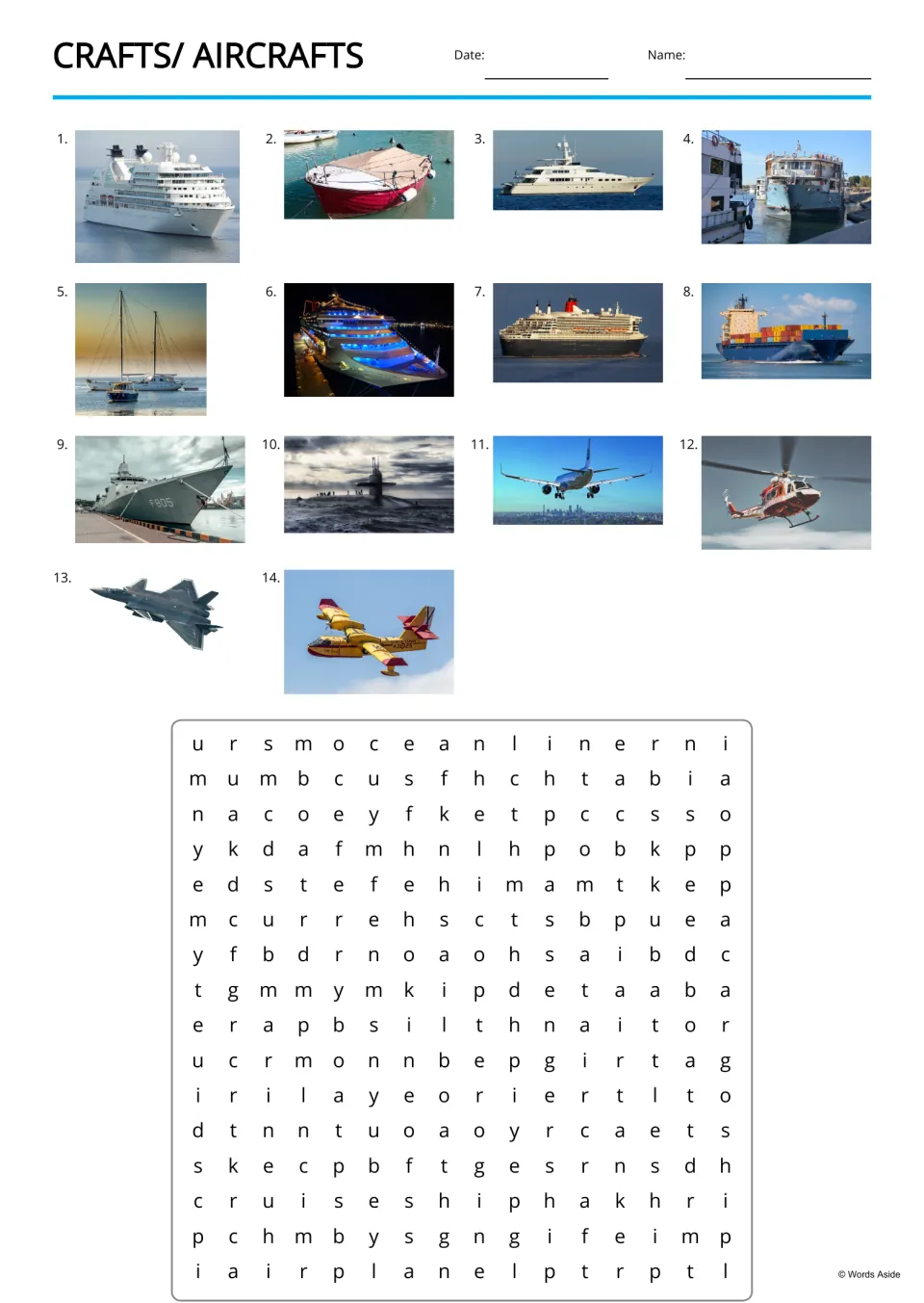 Transport word search: students find 14 vehicle names, like ocean liner and airplane, using numbered photos as clues