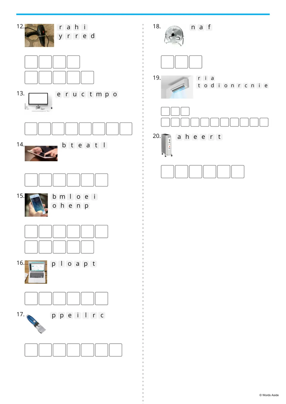 Devices anagrams 12-20: students unscramble names for photos of a hair dryer, computer, tablet, fan and heater