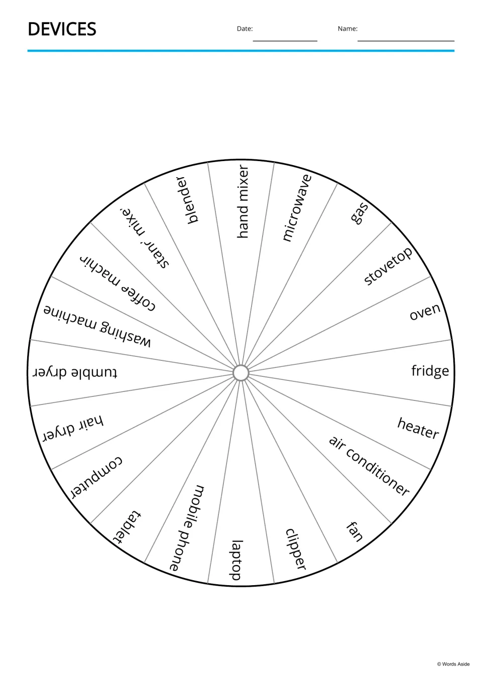 Devices word wheel: 20 device names, including microwave, fridge, air conditioner and mobile phone, one per segment
