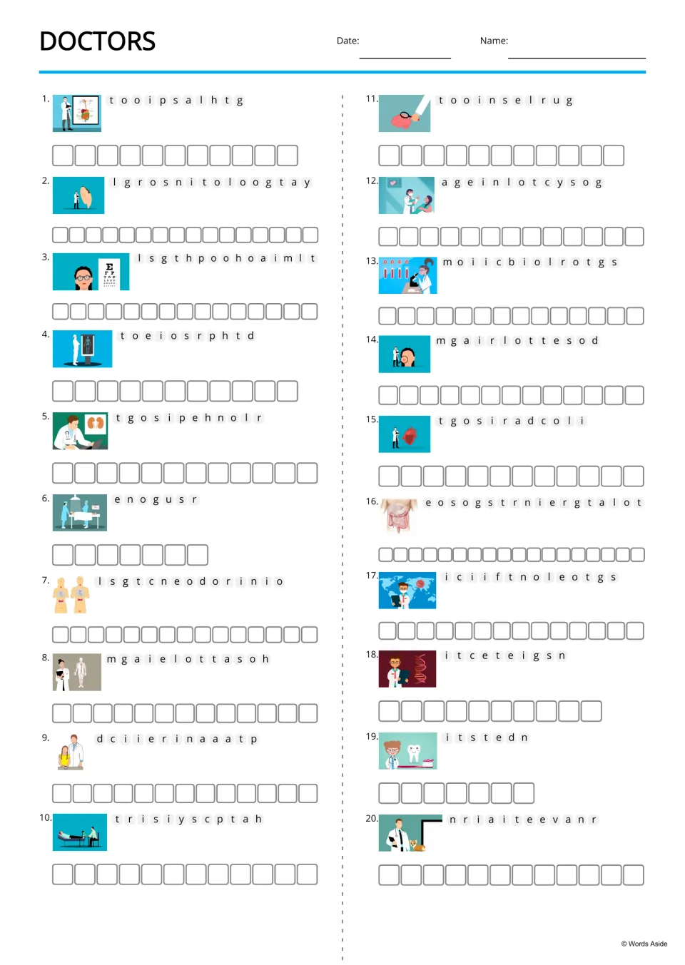 Doctors anagrams: students unscramble 20 sets of letters into medical specialist names, using a picture clue for each