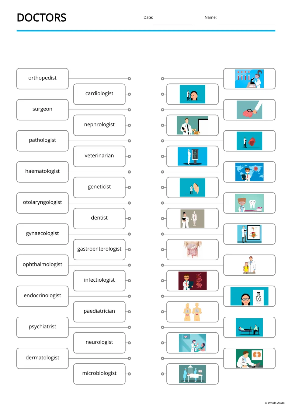 Doctor names matching: students draw lines from words like orthopedist and cardiologist to 20 pictures of each specialty