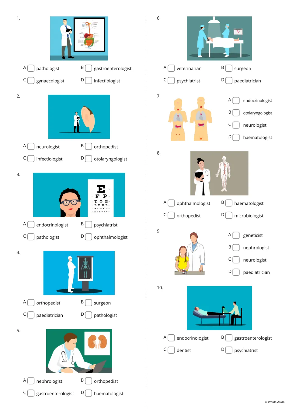 Specialist quiz items 1-10: students view each picture, such as an eye chart, and tick the right doctor from A to D