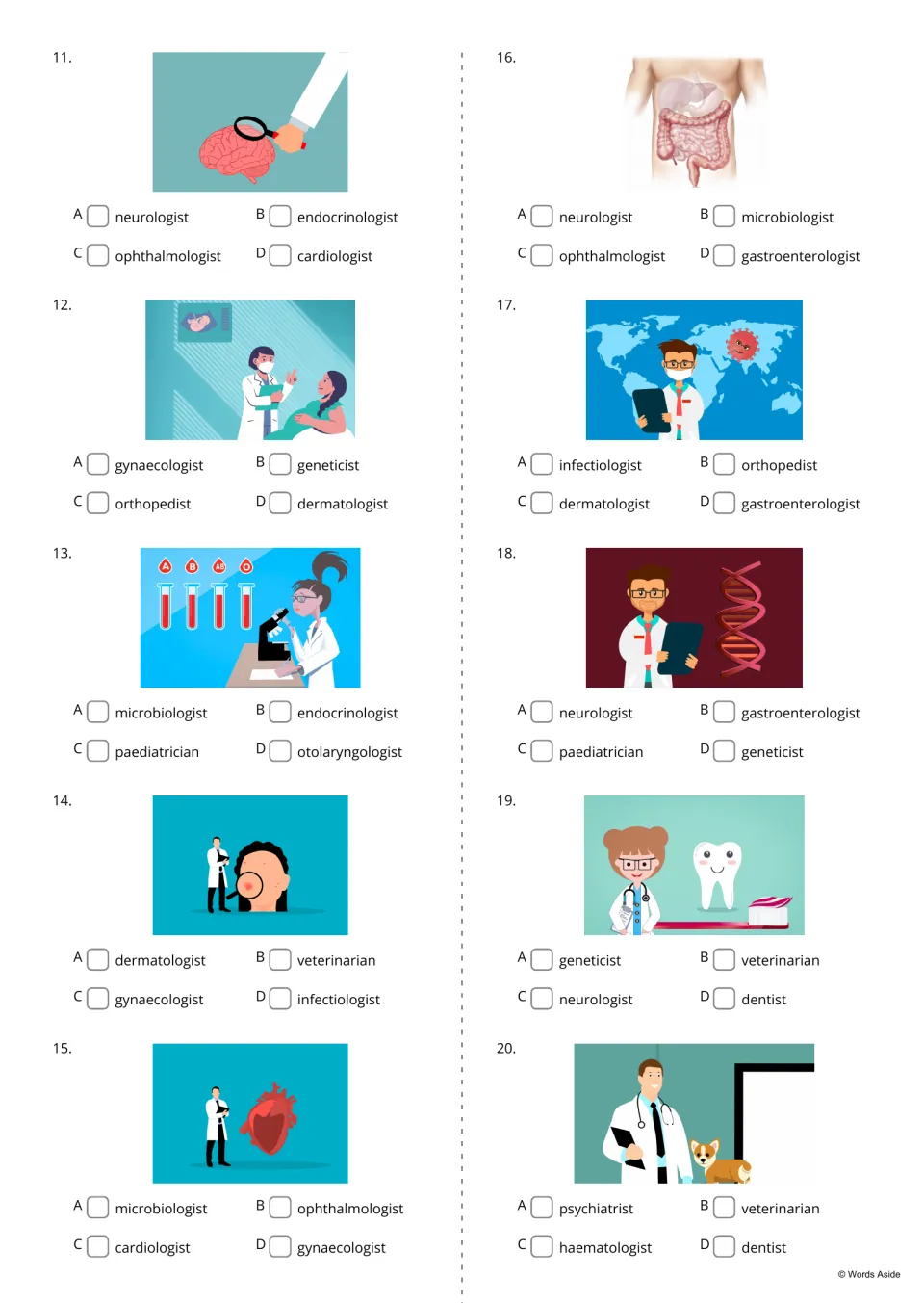 Doctor quiz items 11-20: students study pictures such as a brain, tooth and DNA strand and tick the matching specialist