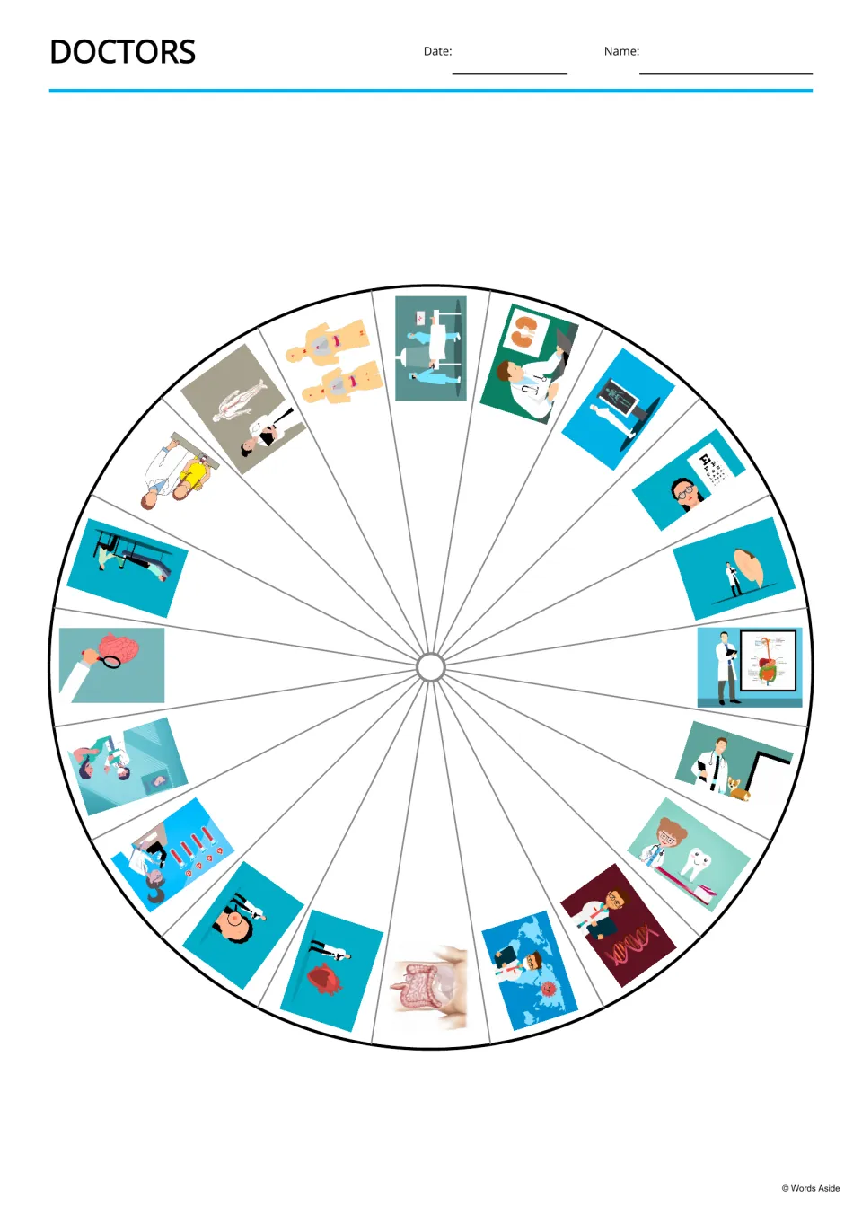 Doctors picture wheel: 20 specialty illustrations, such as kidneys and a tooth, for matching to the word wheel