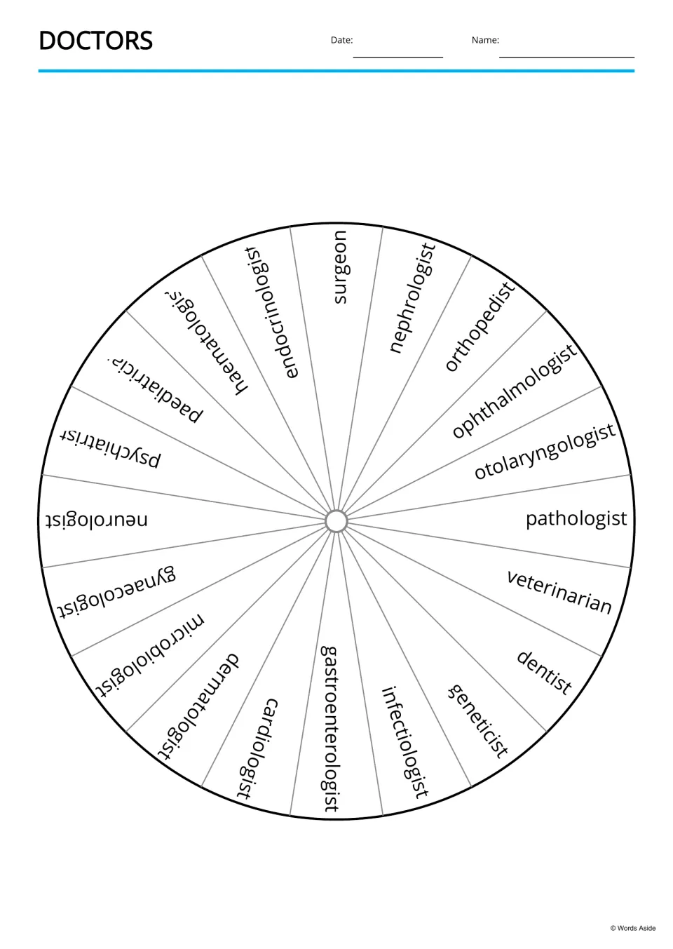 Doctors word wheel: 20 specialist names, from surgeon and nephrologist to cardiologist, to pair with the picture wheel