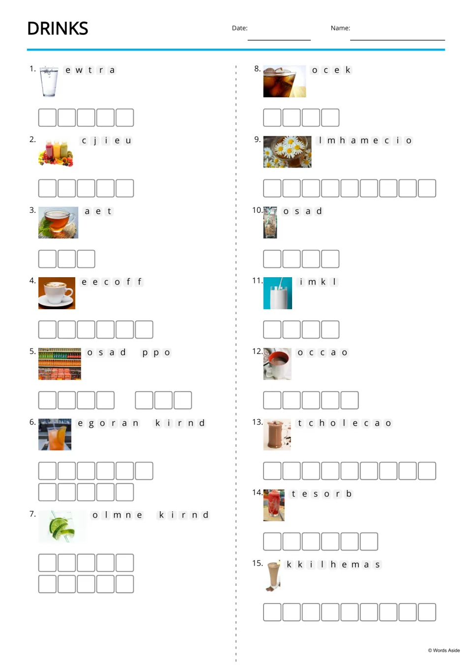 Drinks anagrams: students unscramble letters such as e w t r a beside 15 drink photos and spell each word, like water
