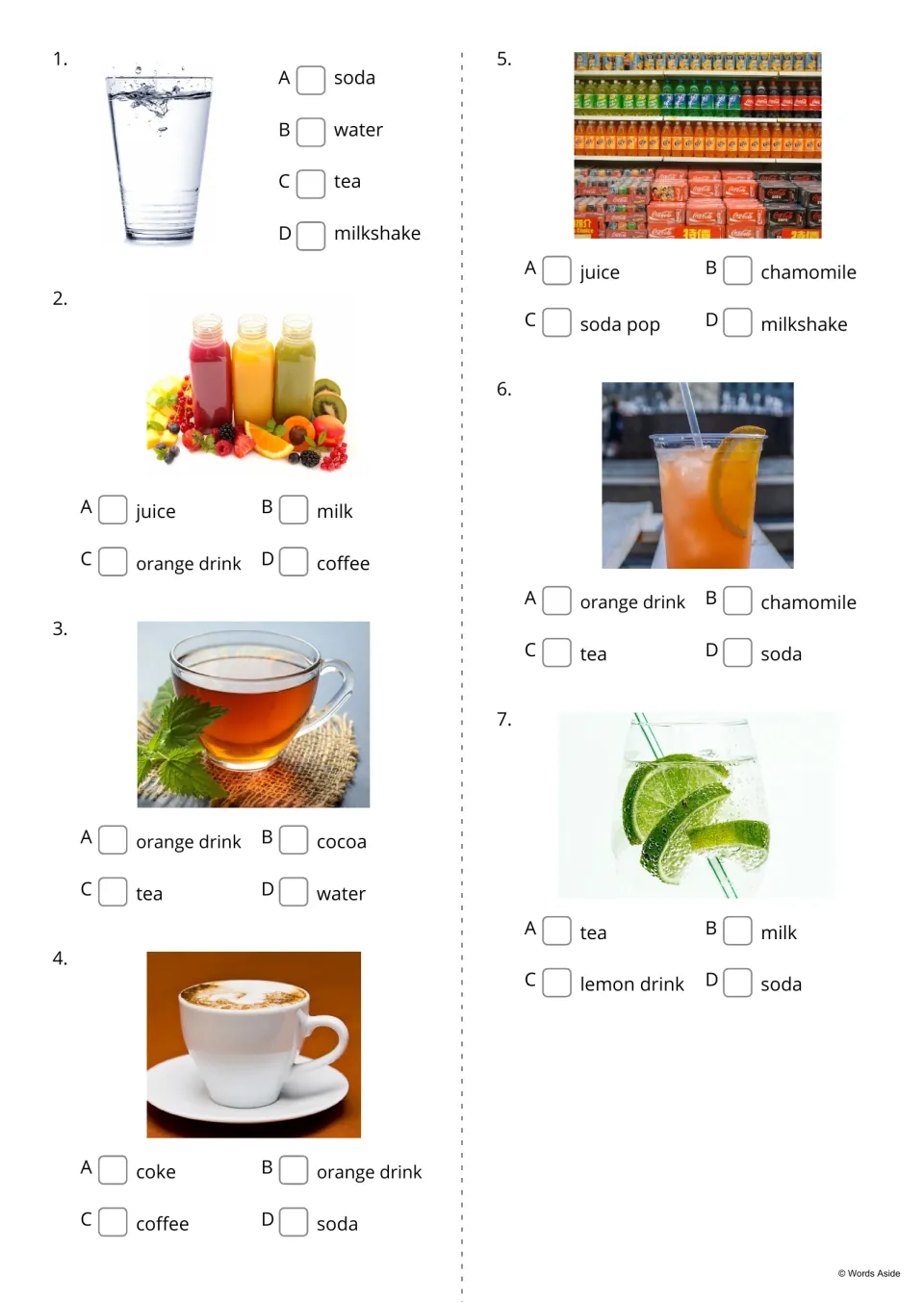 Drink picture quiz 1-7: students view a photo such as a glass of water and tick the right name from four choices A to D