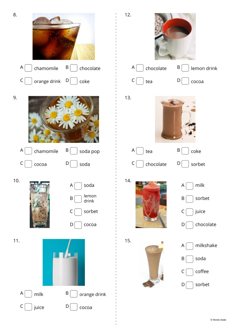 Drink picture quiz 8-15: students tick the name for photos of coke, chamomile, milk, cocoa, sorbet and a milkshake