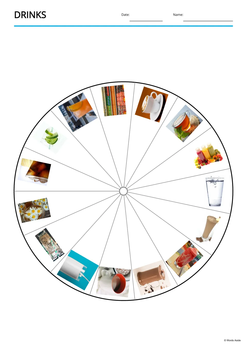 Drinks picture wheel: a circle split into 15 segments, each holding one drink photo, such as coffee, tea, juice and milk