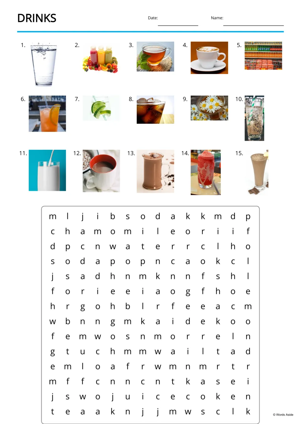 Drinks word search: students find the names of 15 numbered drink photos, such as water, juice and tea, in a letter puzzle