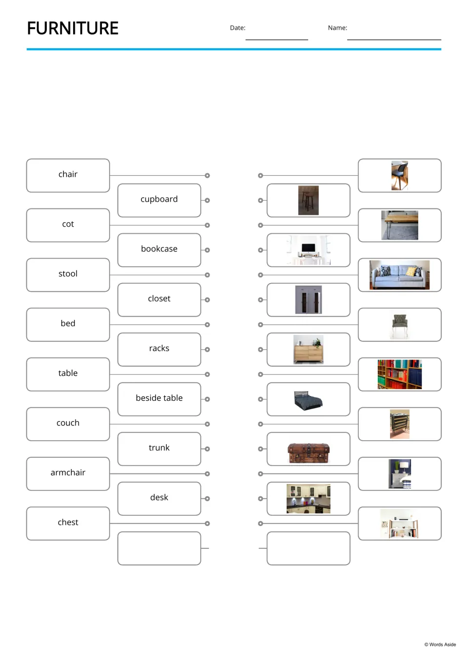 Furniture matching: students draw lines from words like cupboard, stool and trunk to the matching furniture photos