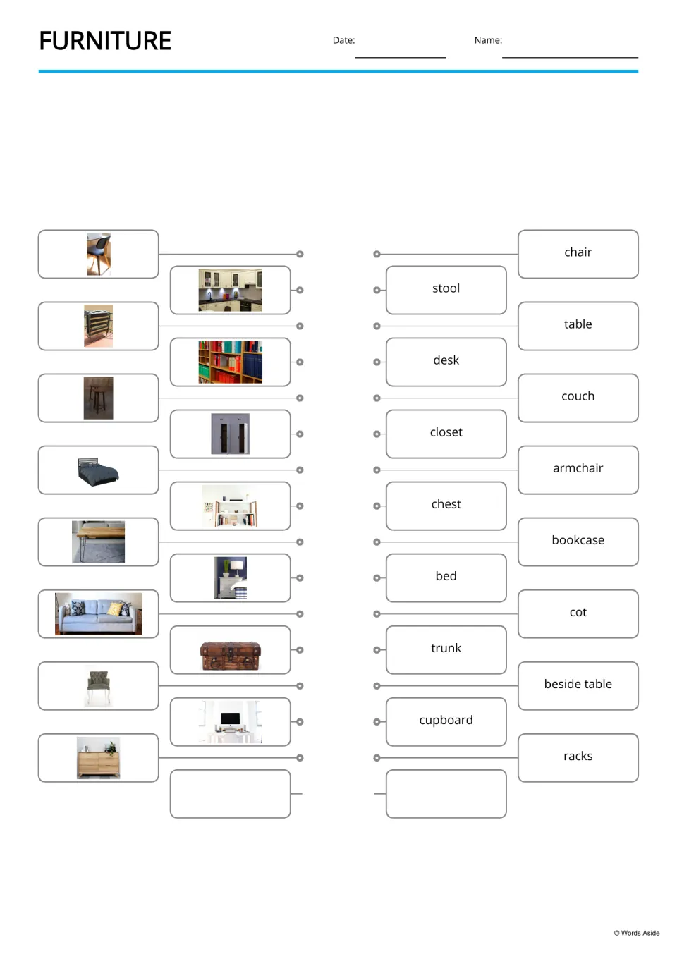 Furniture picture-to-word match: students link photos of a bed, chair and bookcase to labels like couch and closet