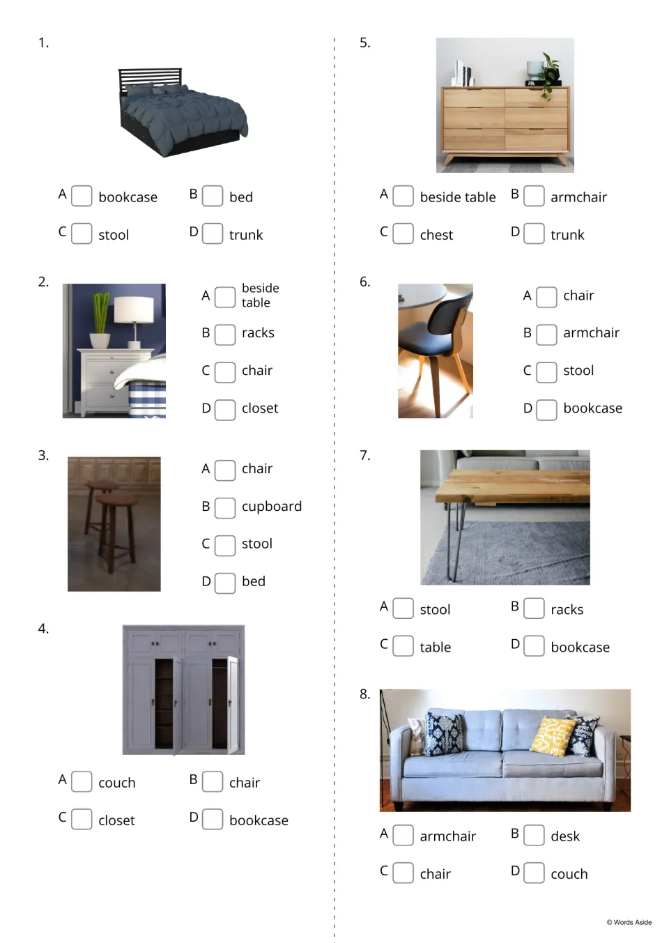 Furniture vocabulary quiz items 1 to 8: students tick the word naming each photo, e.g. bed, stool, closet or couch