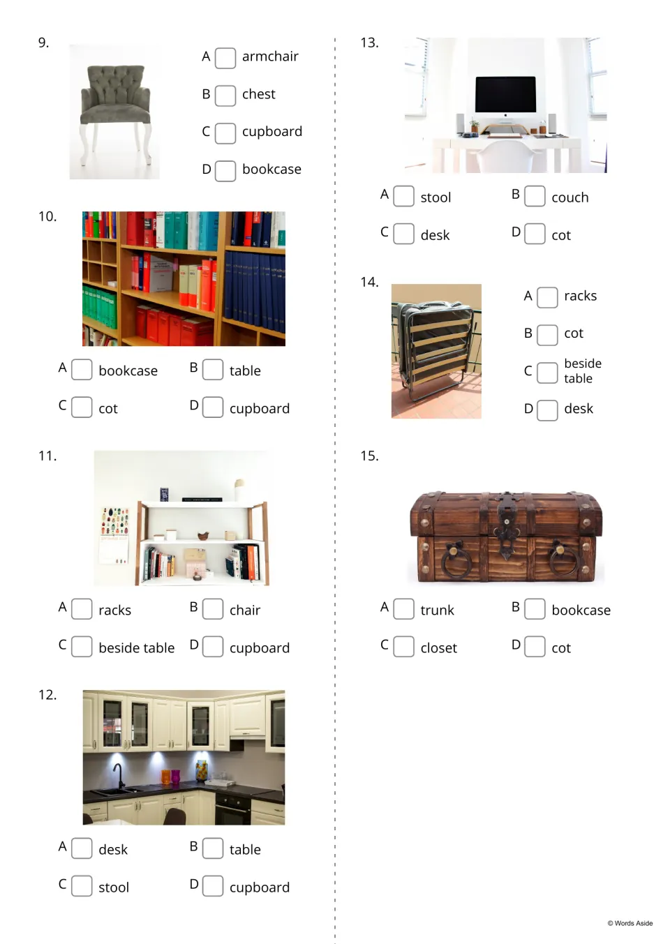 Furniture quiz items 9 to 15: students choose armchair, bookcase, racks, cupboard, desk, cot or trunk for each photo