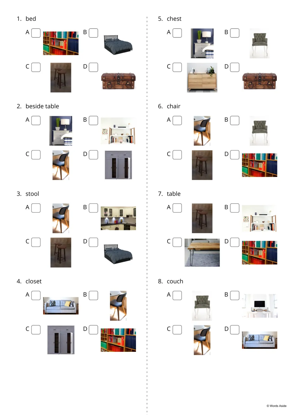 Word-to-picture quiz 1 to 8: students read bed, beside table, stool, closet, chest, chair, table, couch and pick a photo