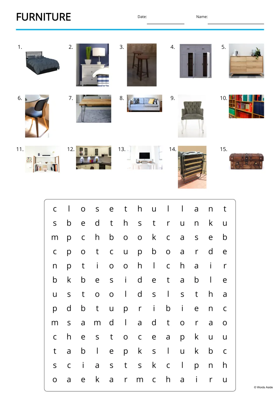 Furniture word search: students find the names of 15 pictured items, such as bookcase, cupboard and armchair