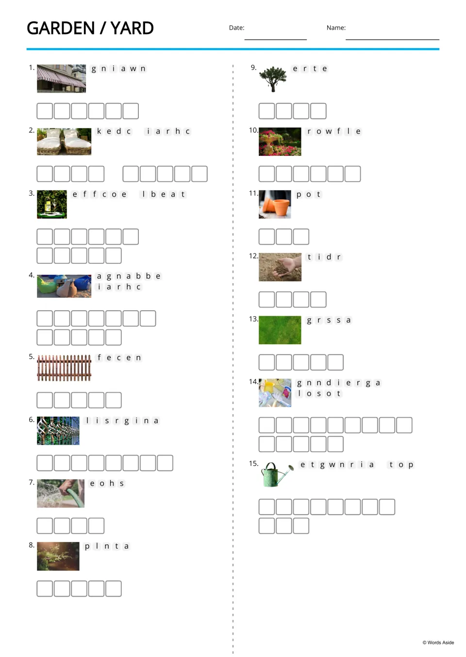 Garden and yard anagram activity with 15 picture clues, including awning, deck chair, coffee table and hose