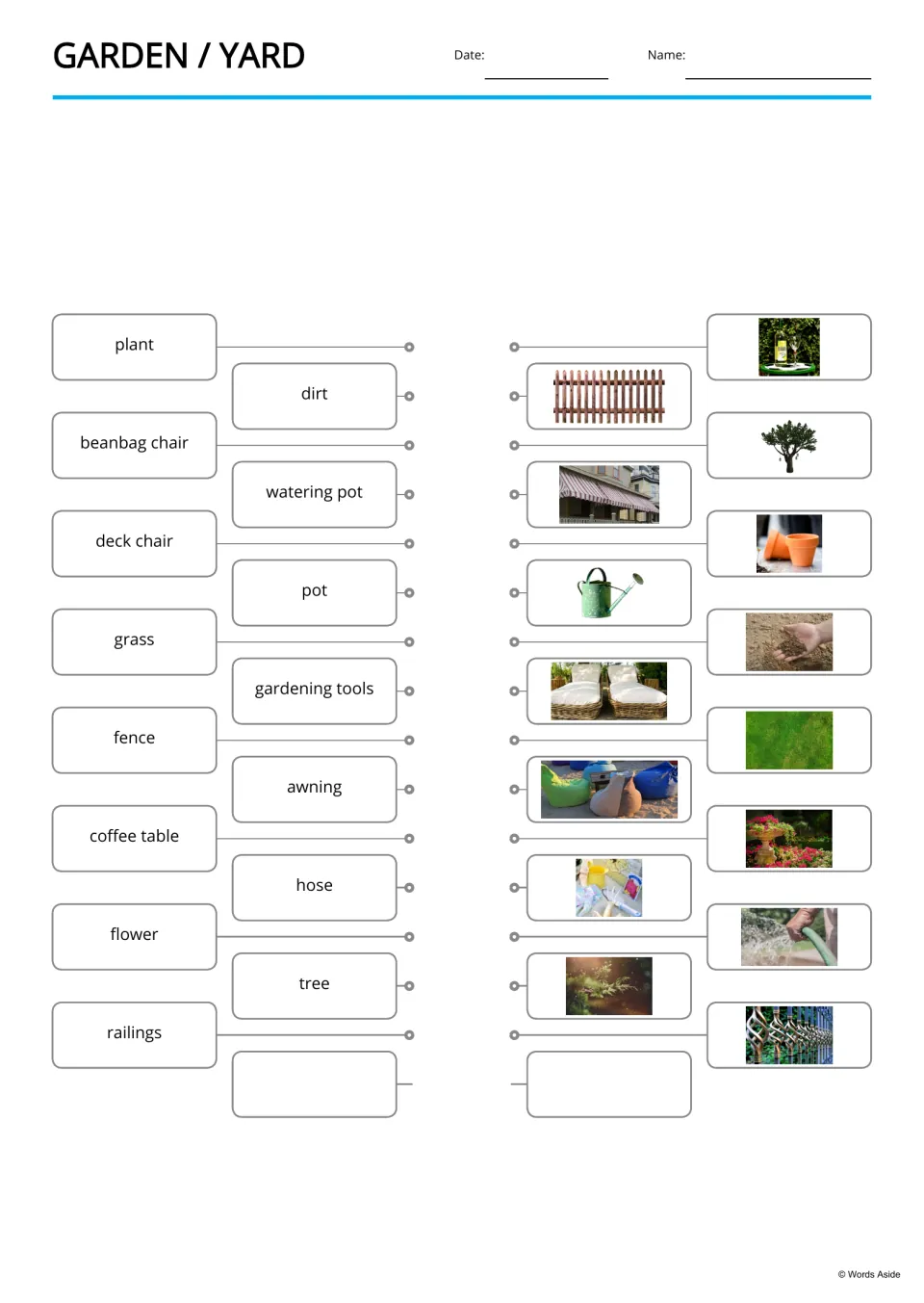 Word-to-picture matching activity for 15 garden terms, including plant, dirt, beanbag chair and watering pot