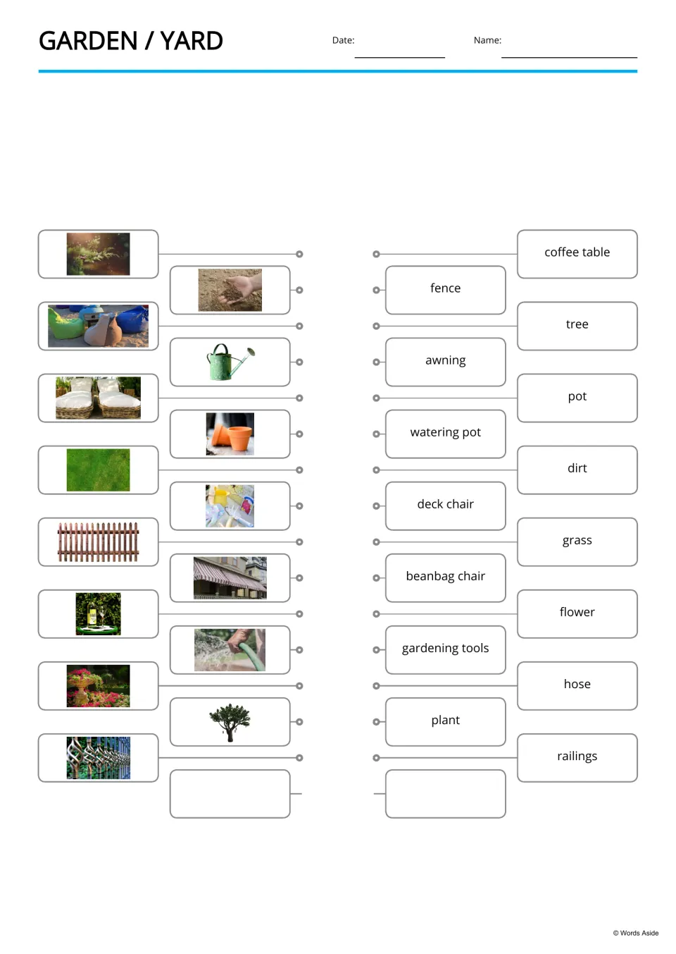 Picture-to-word matching activity for 15 garden terms, including coffee table, fence, tree and awning