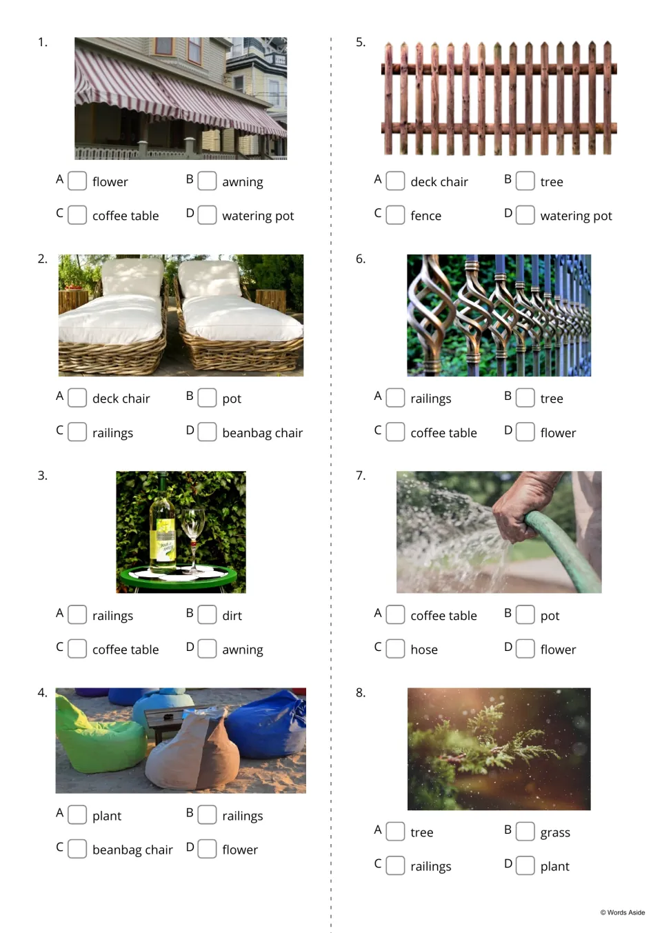 Picture-to-word quiz items 1–8 ask students to identify awning, deck chair, coffee table and five more