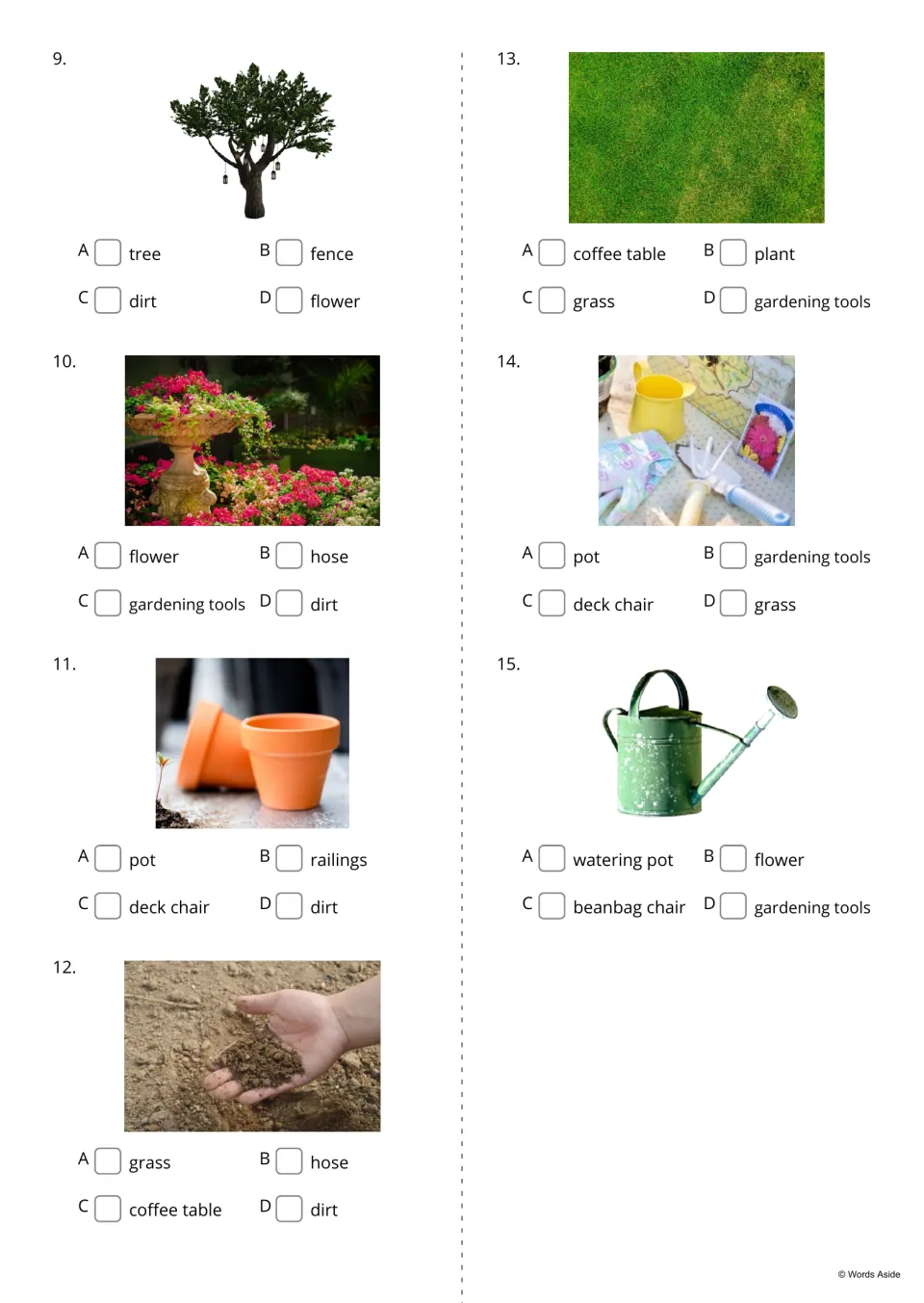 Picture-to-word quiz items 9–15 cover tree, flower, pot, dirt, grass, gardening tools and watering pot