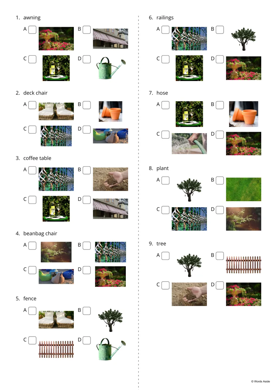 Word-to-picture quiz items 1–9 give four image choices for awning, deck chair, coffee table and six more