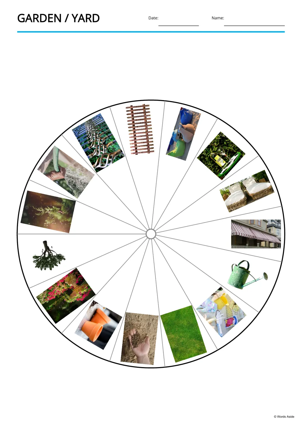 Garden vocabulary picture wheel shows all 15 items, including fence, railings, hose and watering pot