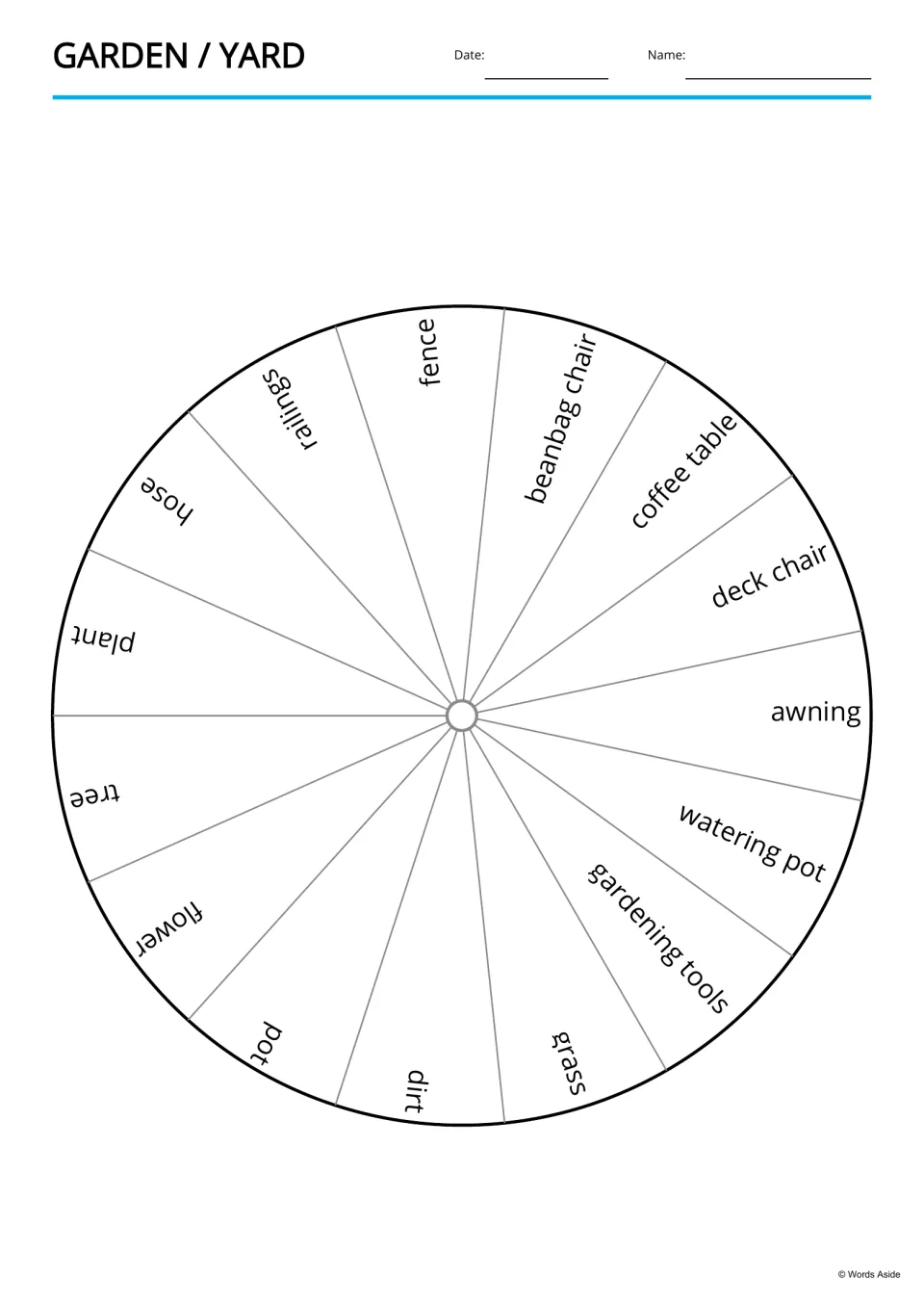 Garden vocabulary word wheel lists all 15 terms, including beanbag chair, coffee table and gardening tools
