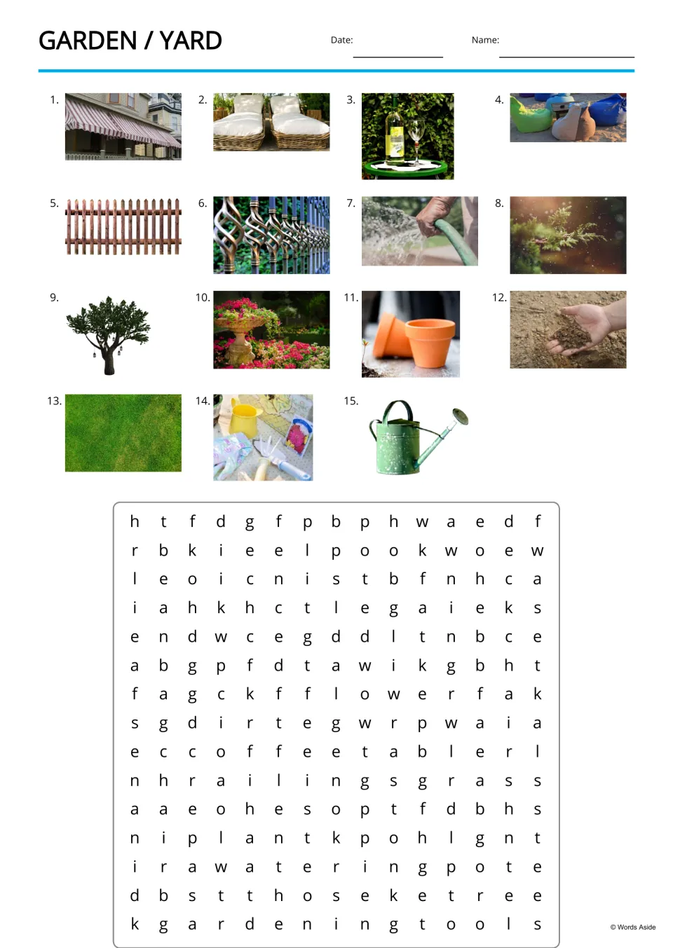 Garden vocabulary word search uses 15 numbered picture clues, including awning, deck chair and coffee table