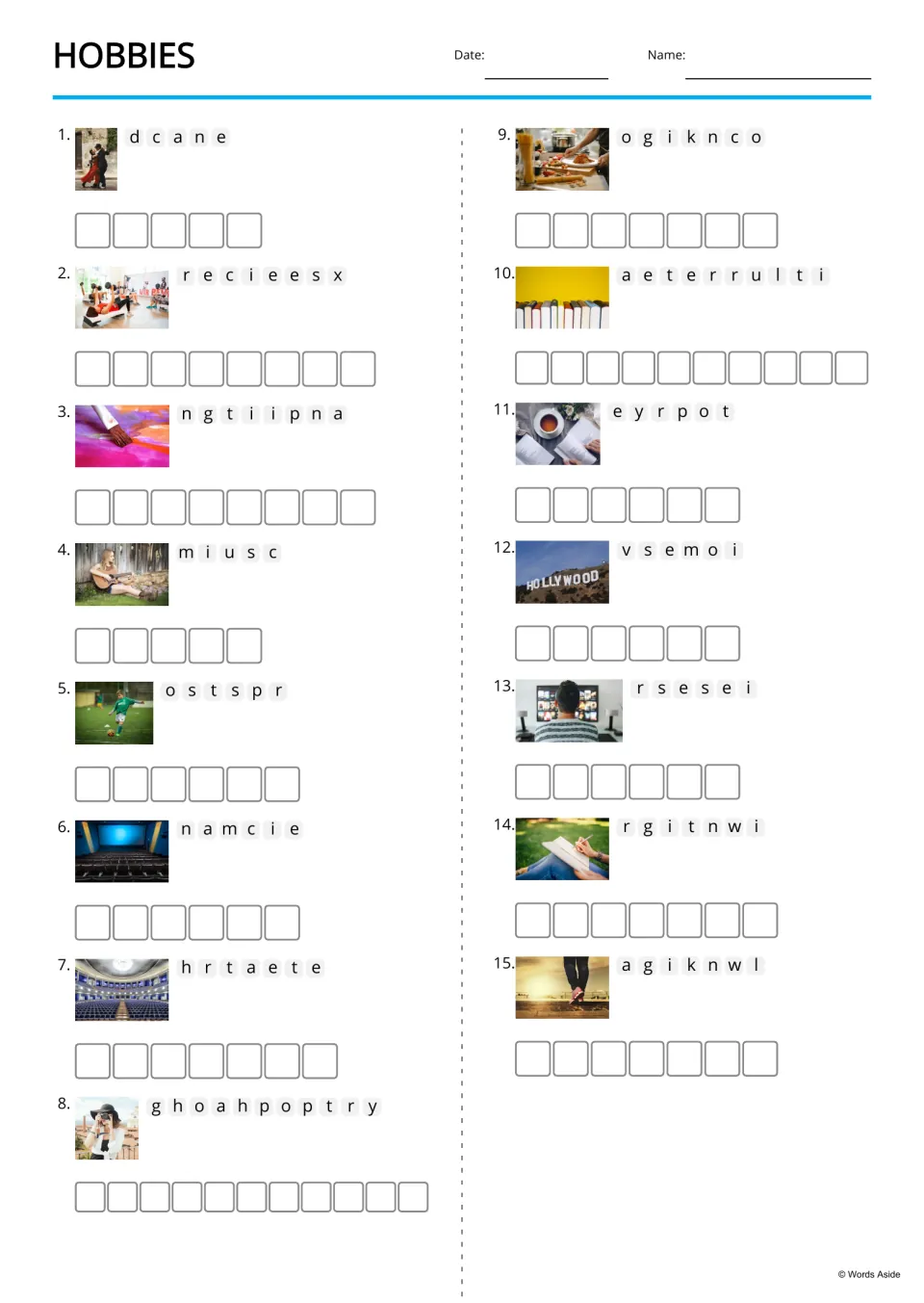 Hobbies anagrams: students unscramble 15 photo-cued words such as dcane and ghoahpoptry, one letter per box