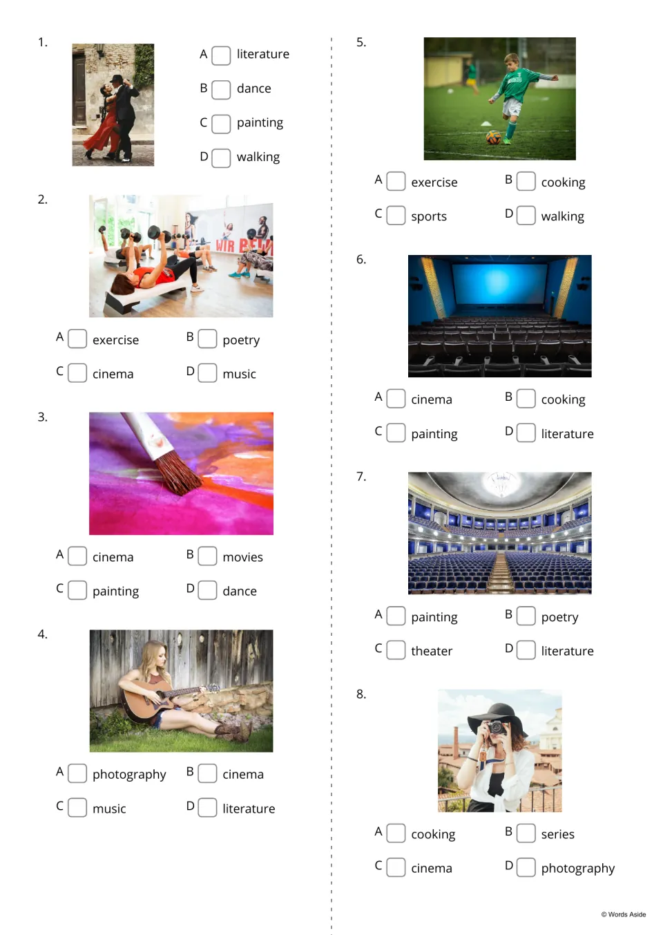 Hobby vocabulary multiple choice, items 1-8: students tick A-D to name each photo, such as tango dancers or a guitarist