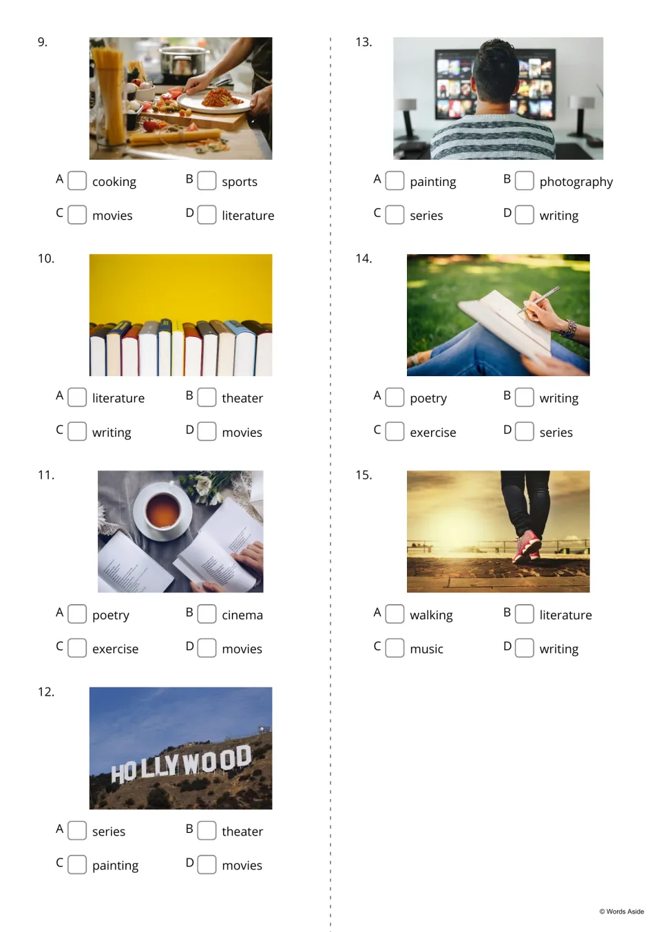 Hobby vocabulary multiple choice, items 9-15: students pick the word for photos of cooking, books, poetry and walking