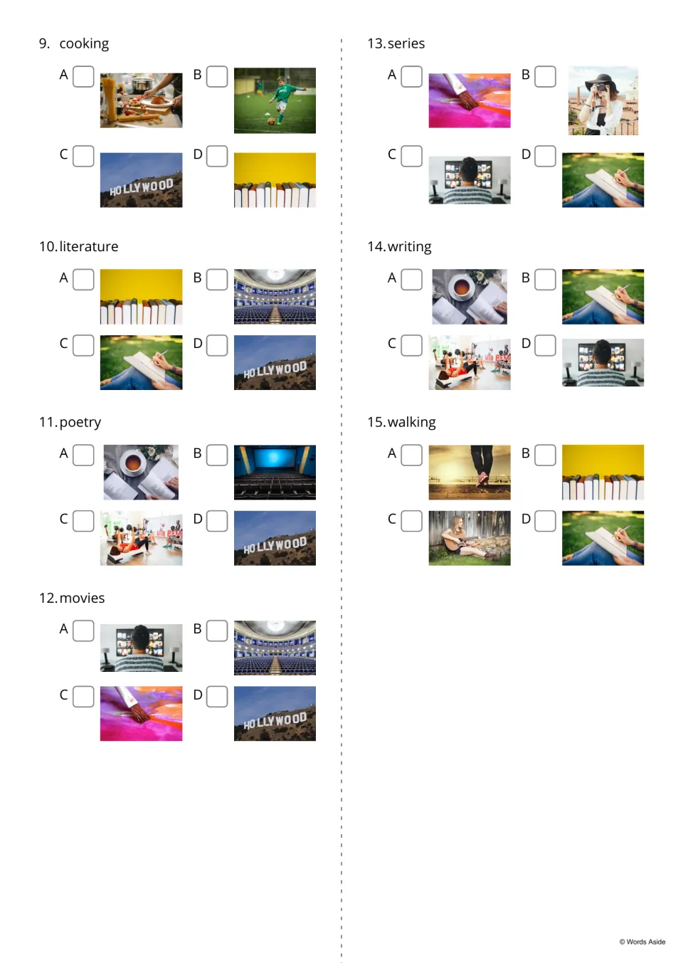Hobby word-to-picture quiz, items 9-15: students choose the photo showing cooking, literature, poetry, series or walking