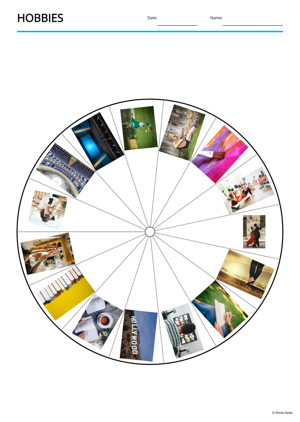 Hobbies photo wheel cut-out piece: 15 hobby photos around a circle, from soccer and guitar to cooking and books