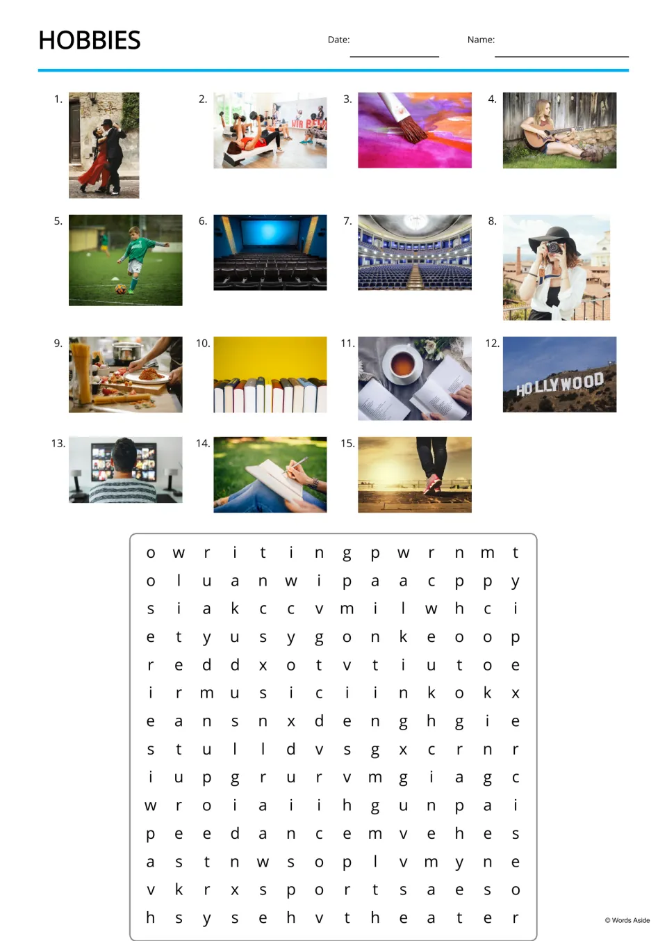 Hobbies word search: students name 15 numbered photos, then find words like theater, sports and music in the puzzle