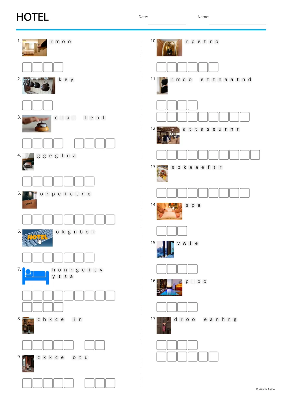 Hotel vocabulary anagrams: students unscramble 17 words such as room, key and call bell, each shown with a photo