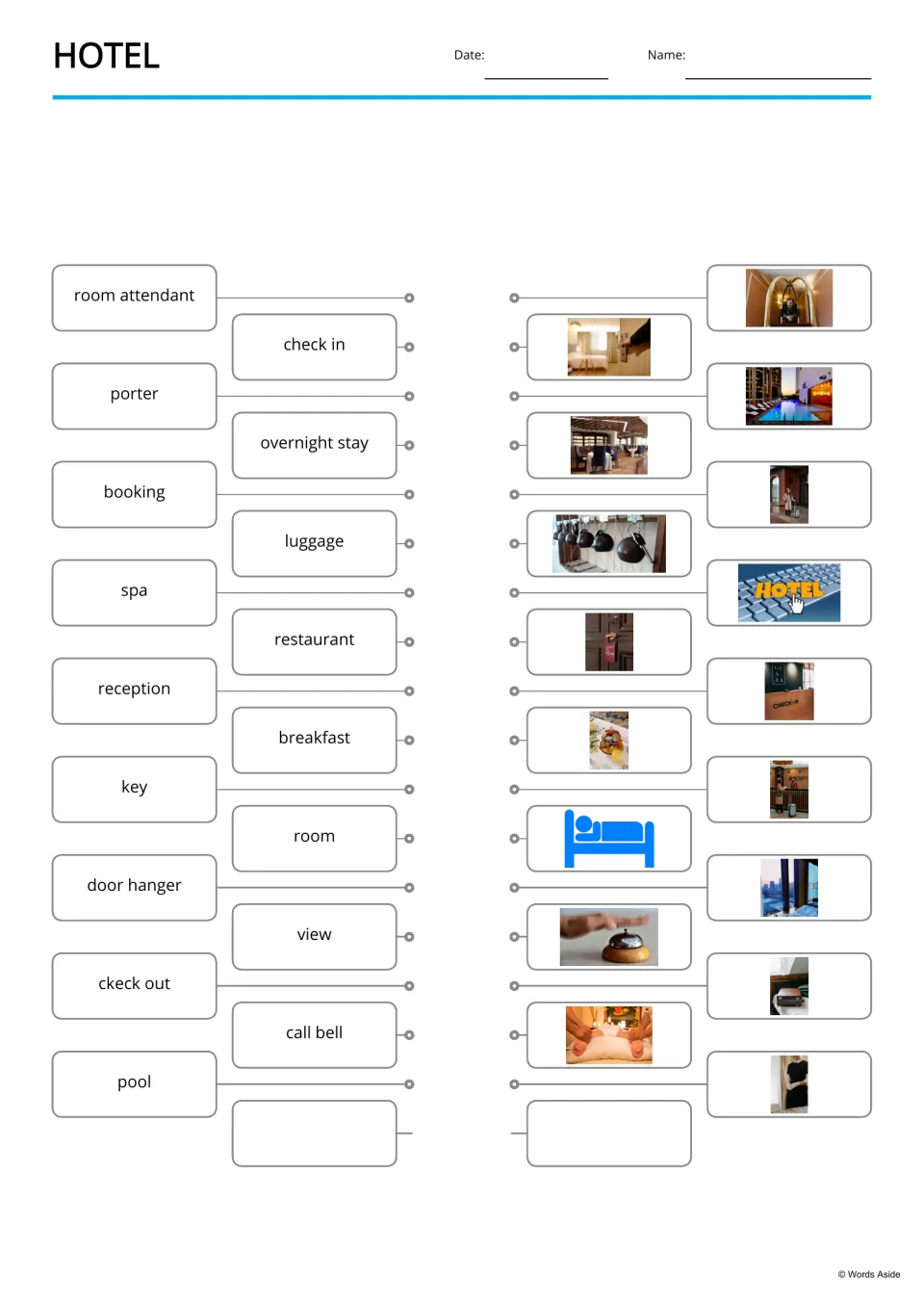 Hotel words matching: students draw lines from 17 words like porter, spa and reception to the photo of each one