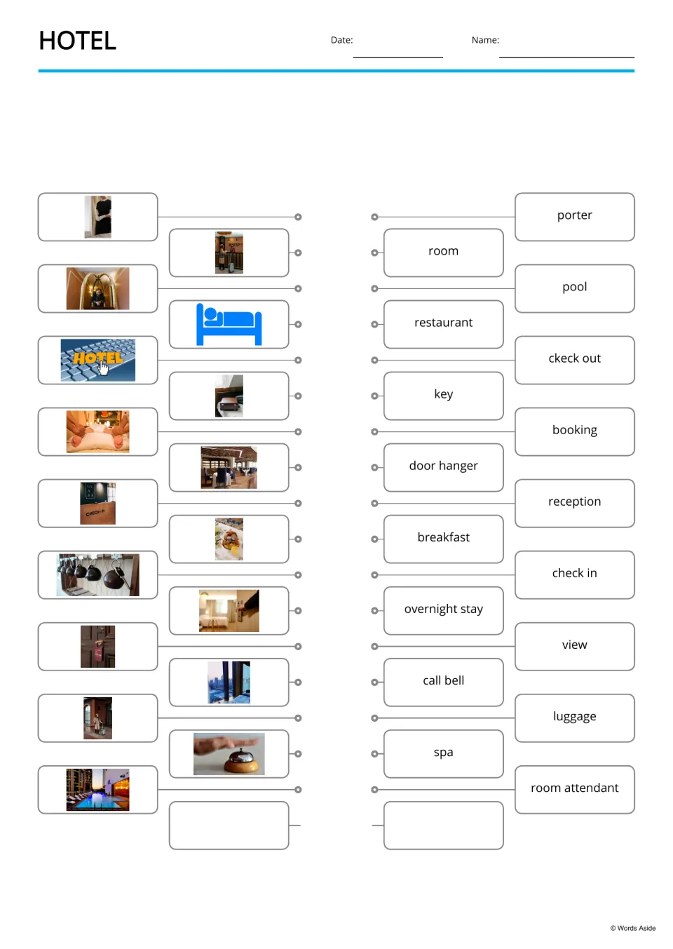 Hotel picture-to-word matching: students link photos of a porter, pool, luggage and more to their word labels