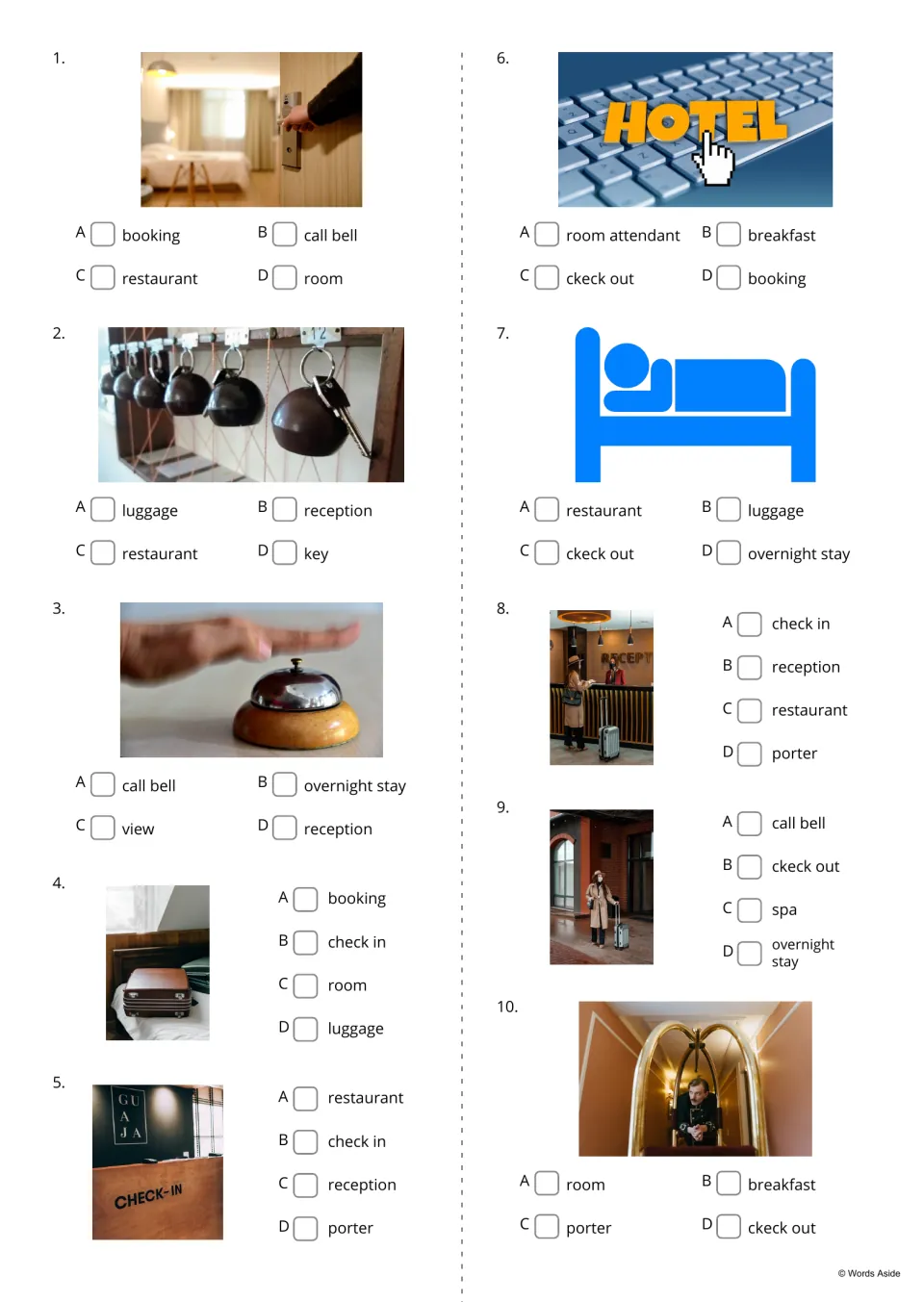 Hotel vocabulary quiz items 1-10: students tick the A-D word that names each photo, such as key, call bell or porter